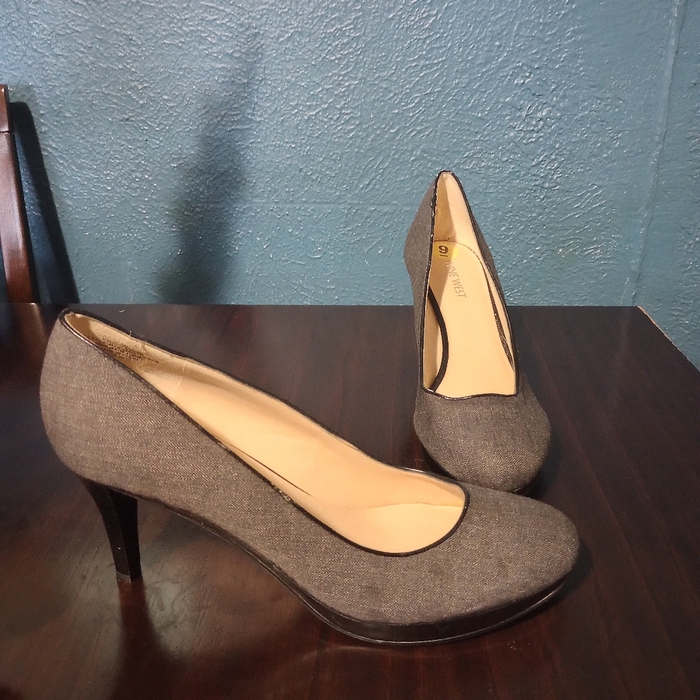 Nine West WOS 4"Heels Pumps WISE UP 2 sz 9M Gray Tweed Slip-On Classy Work Dress - Picture 9 of 14